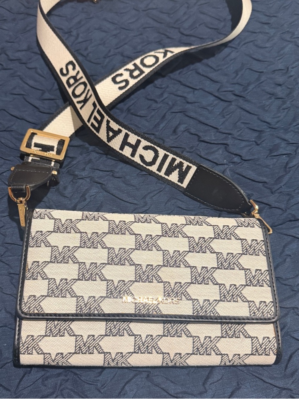 Michael Kors Cream and Black Monogram Crossbody with Branded Strap